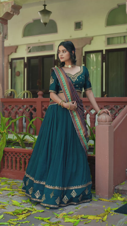 Women Teal Vichitra Silk Traditional Lehenga Set