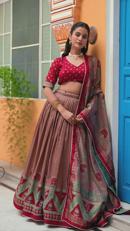 Women Maroon Tussar Silk Traditional Lehenga Set